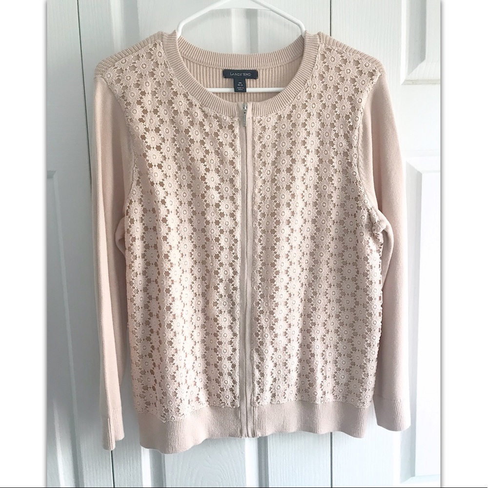 Lands’ End Pink Lace Zip Front Cardigan